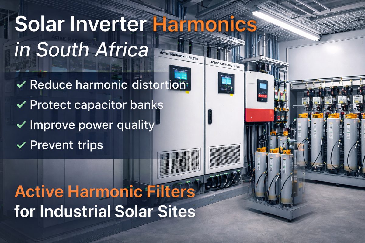 active harmonic filters reducing solar inverter harmonics in a South African industrial electrical room