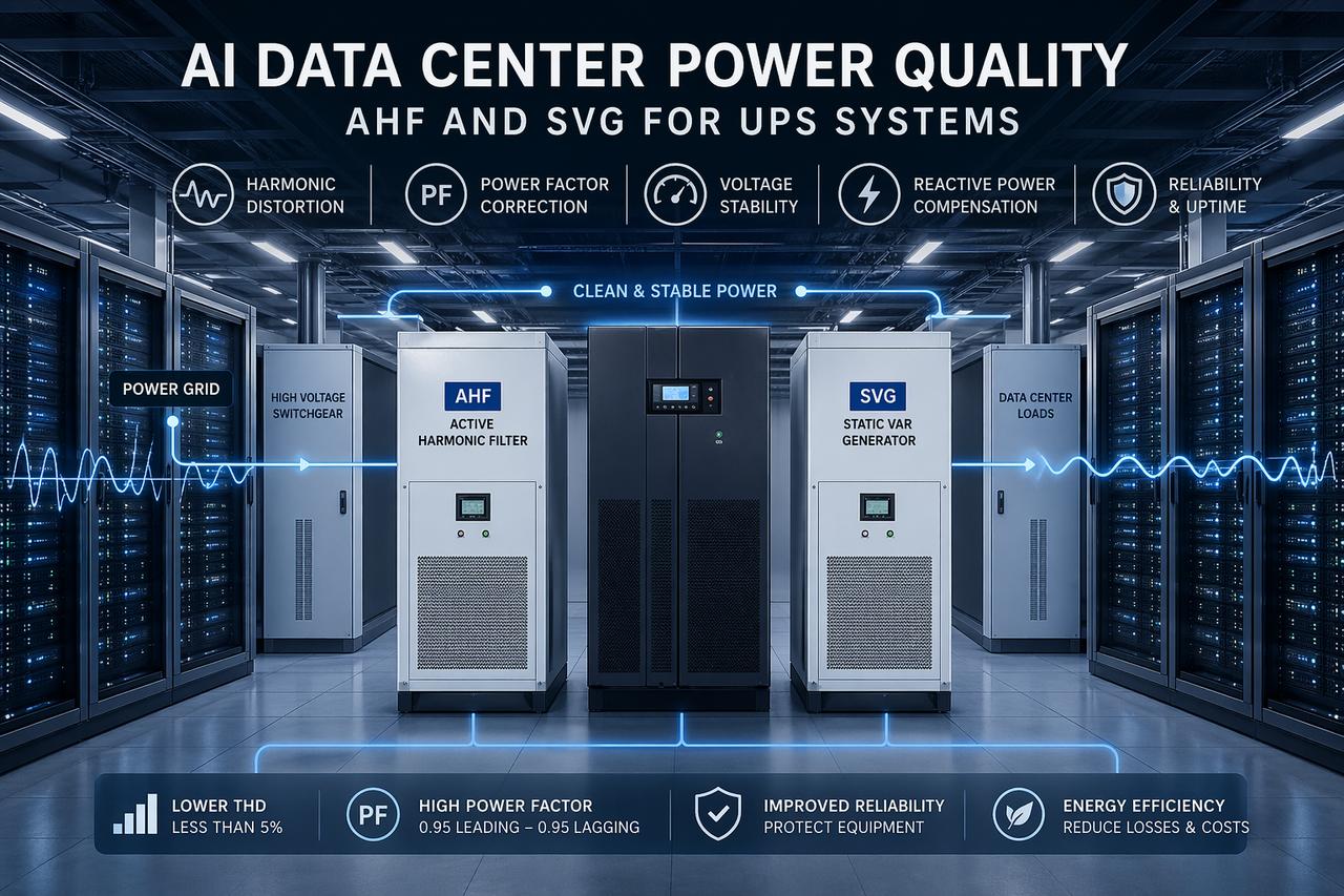 AI data center power quality with active harmonic filter and SVG for UPS systems