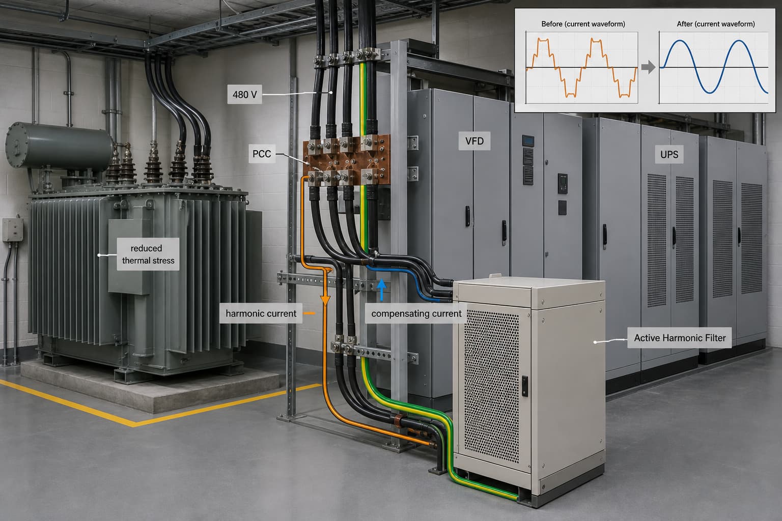 Active harmonic filter for industrial THDi correction reducing transformer harmonic heating at a 480V VFD distribution bus