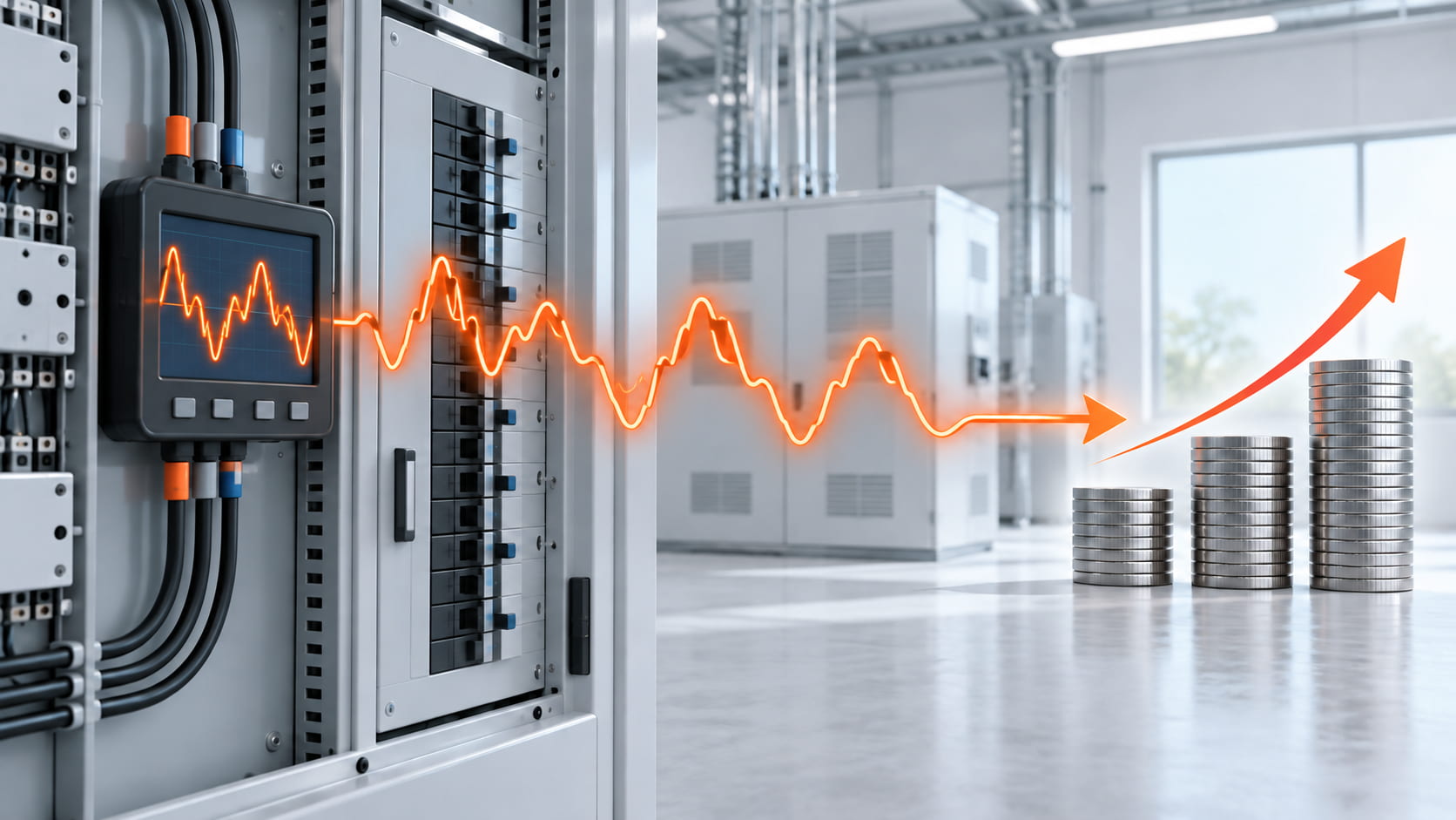 Power quality analyser with clamp CTs logging voltage, current and THDi at a factory distribution board to trace a rising electricity bill